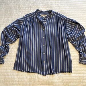 Loft Women's Blue and White Stripe Ruffle Trim Blouse, size Medium